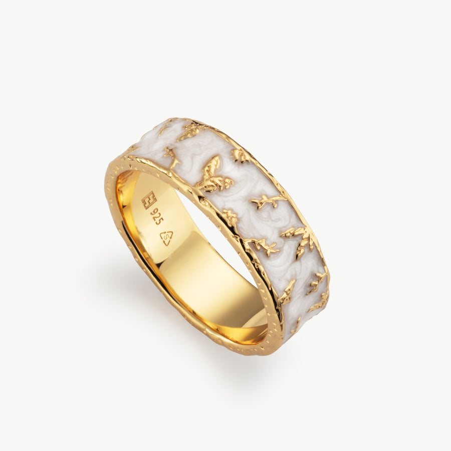 Flora enamel ring with leaf detail in gold vermeil