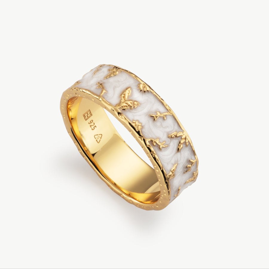 Flora enamel ring with leaf detail in gold vermeil