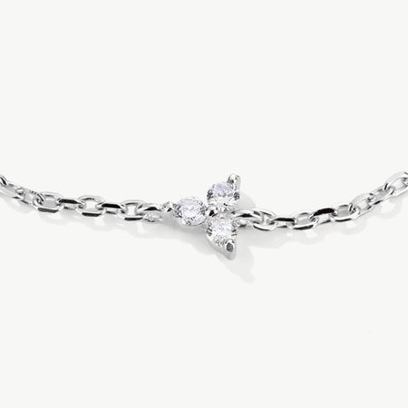 Close up of lab grown diamond Trinity Bracelet in sterling silver