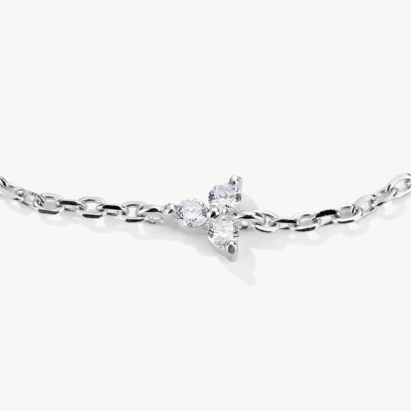 Close up of lab grown diamond Trinity Bracelet in sterling silver