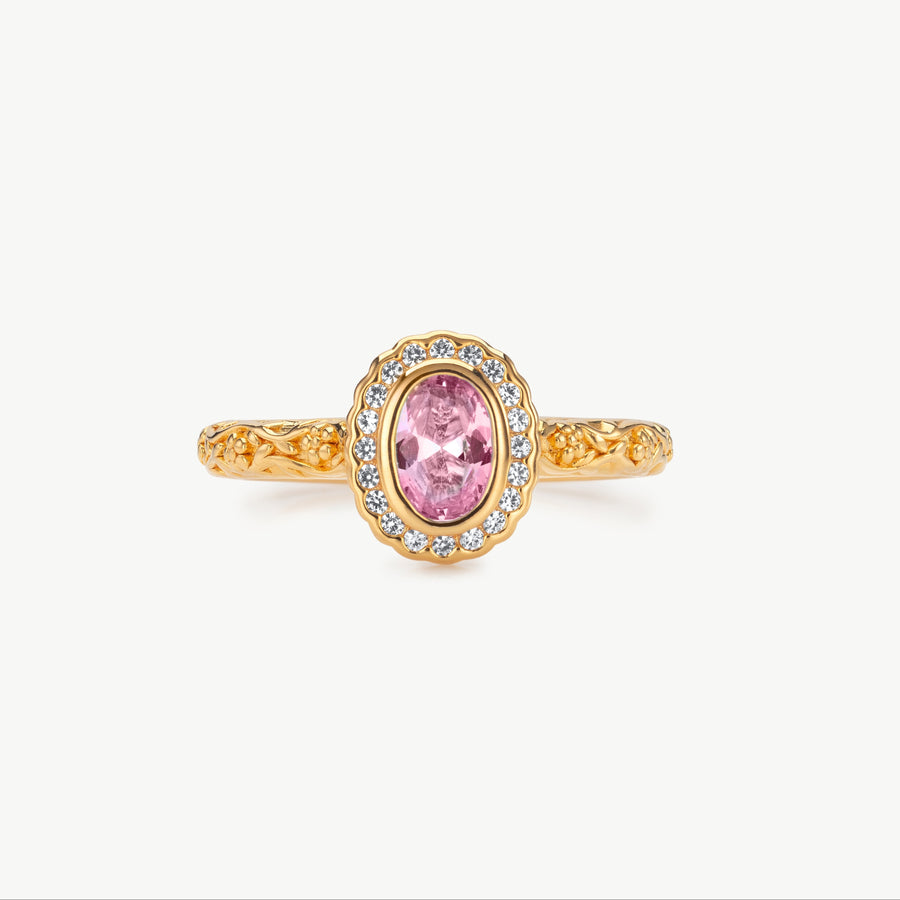 Daphne pink sapphire ring with detailed band in gold vermeil