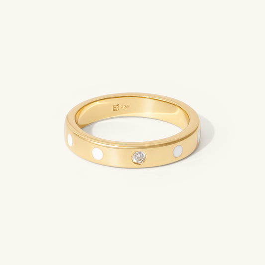 Classic designer style, 14ct Gold ring. Set with single lab grown diamond and white enamel.