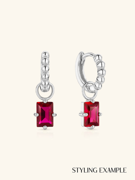 Baguette Ruby Charm shown on Beaded Huggie Hoops Sterling Silver