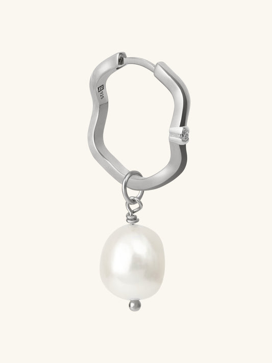 Single Freshwater Cultured pearl drop add-on charm, suspended from a wavy hoop earring with lab grown diamond. Sterling Silver. L'ERA Jewellery
