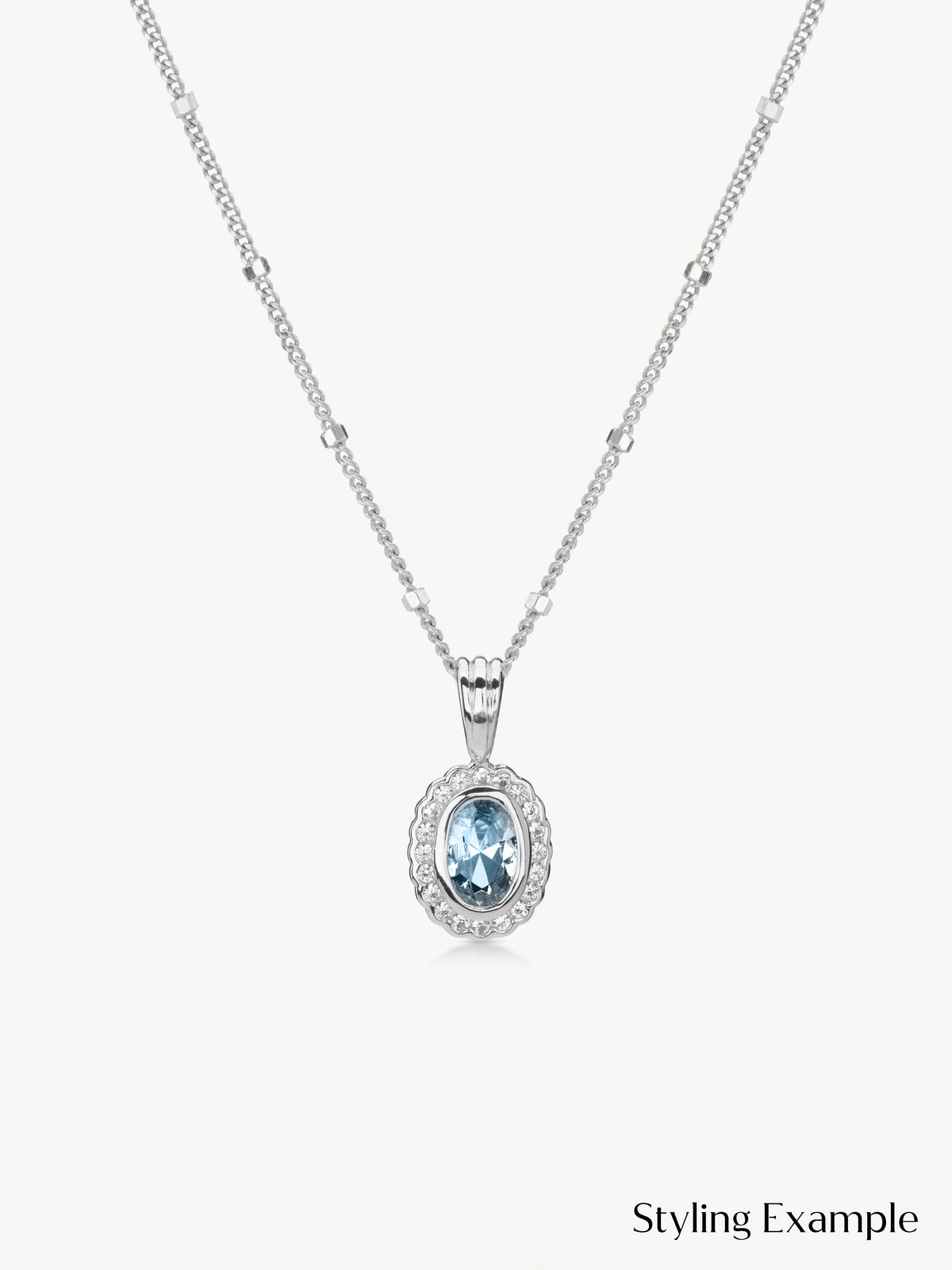 Daphne Aquamarine regency style pendant on chain in sterling silver