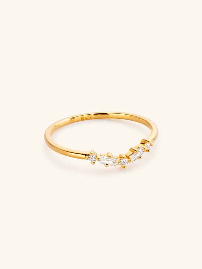 Baguette and round Diamond Wishbone Ring in Gold Vermeil