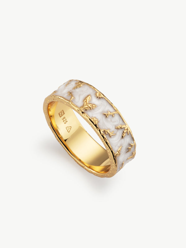 Flora enamel ring with leaf detail in gold vermeil