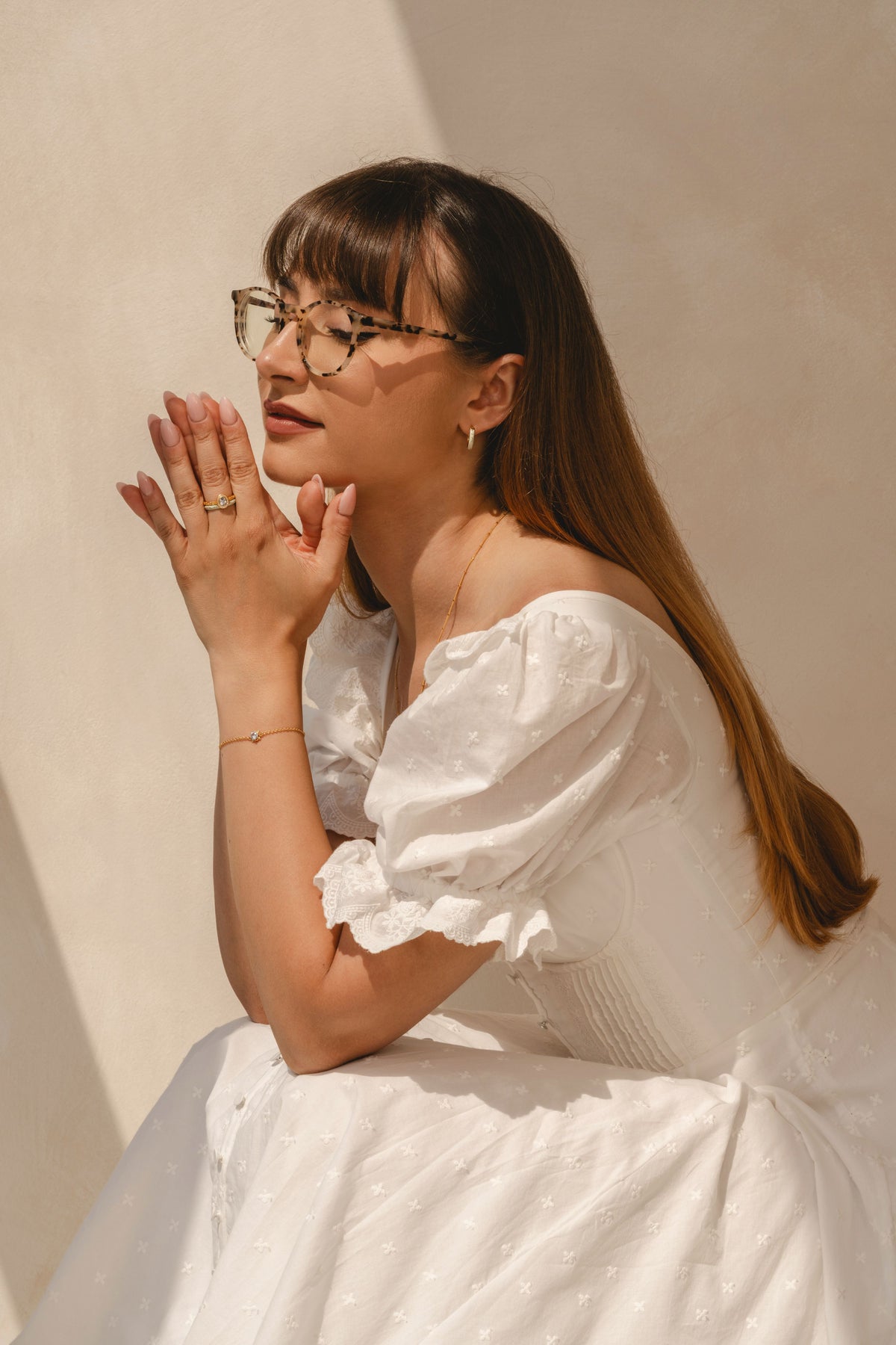 Model wearing Daphne Aquamarine Bracelet in gold vermeil