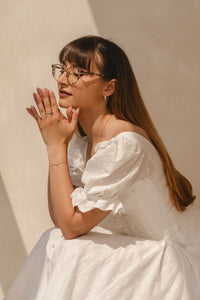 Model wearing Daphne Aquamarine Bracelet in gold vermeil
