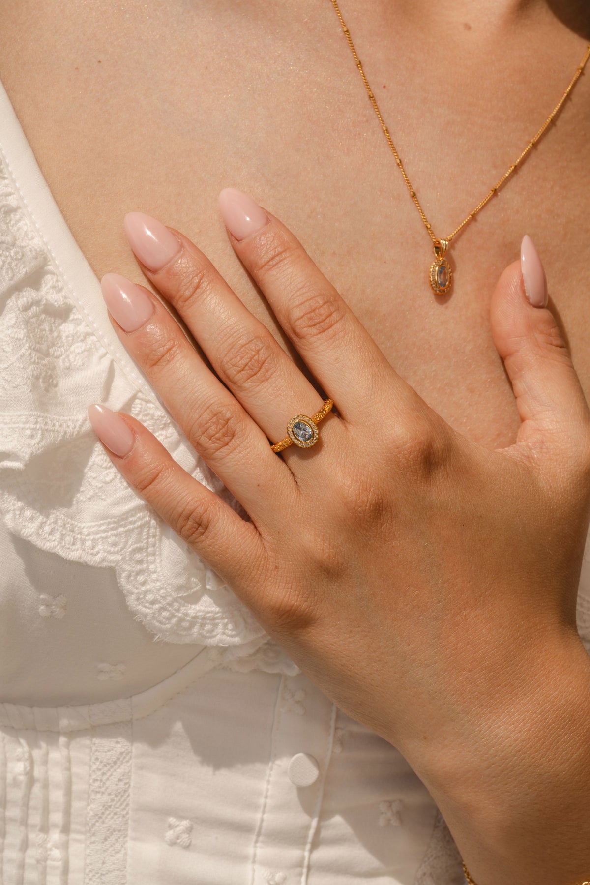 Model wearing Daphne Aquamarine regency style ring gold vermeil