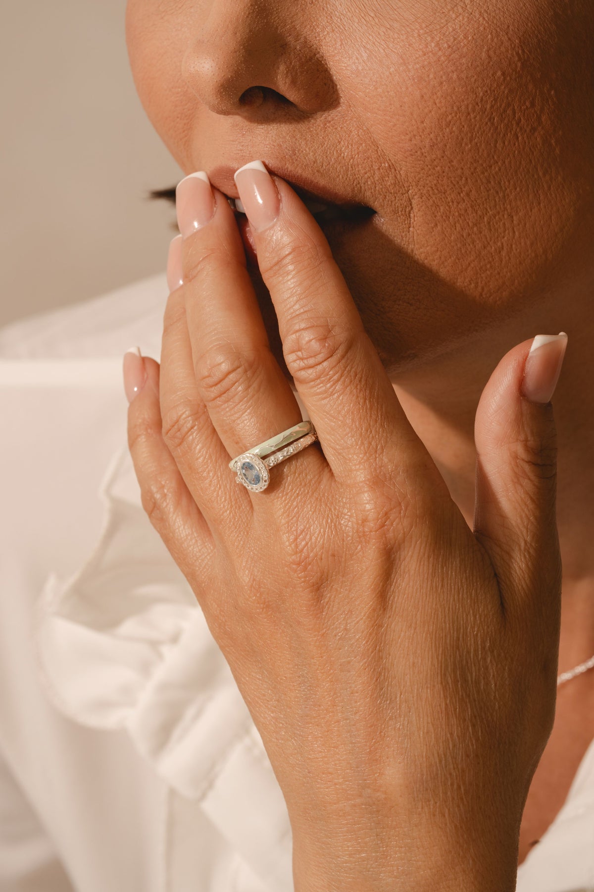 Model wearing Daphne Aquamarine regency style ring sterling silver