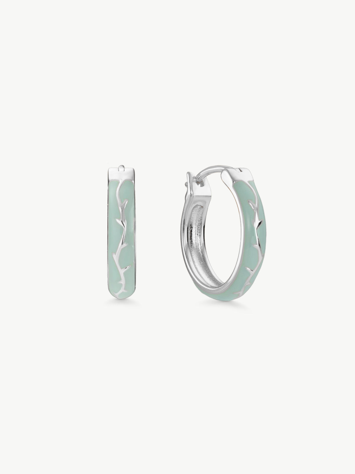 Pair of sterling silver Ophelia enamel hoop earrings with nature detail 