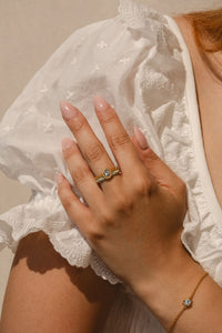 Model wearing Ophelia enamel ring gold