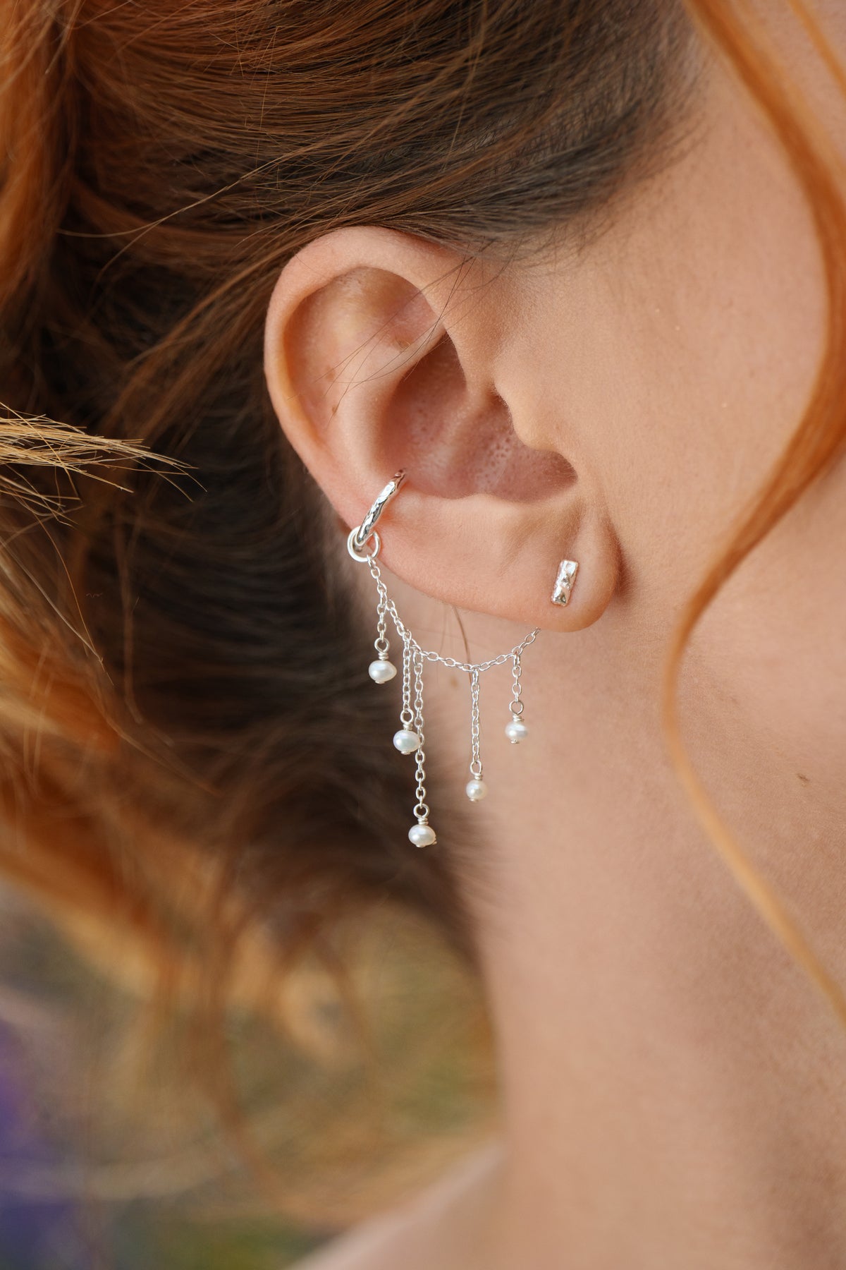 Ear stack in silver with pearl chain fusion from L'ERA Jewellery