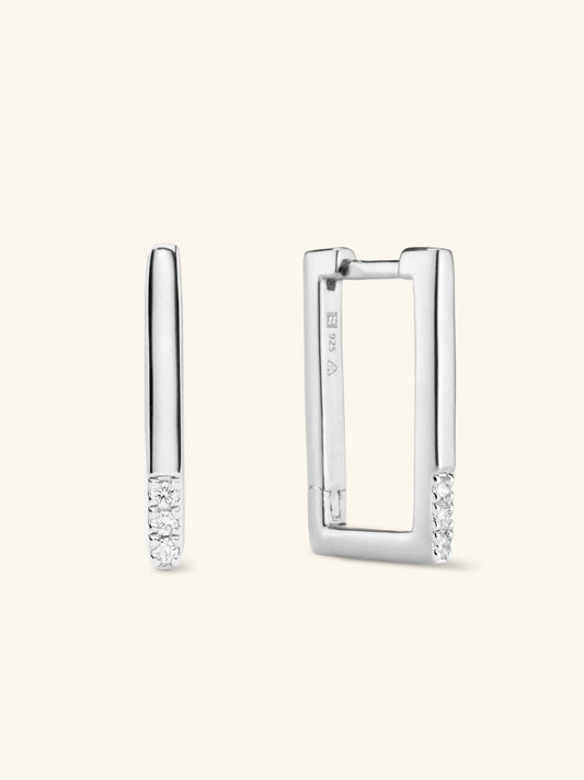 Diamond Rectangle Hinged Hoop Earrings in Sterling Silver