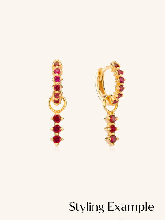 Ruby Earring charm on ruby huggie hoops in Gold Vermeil