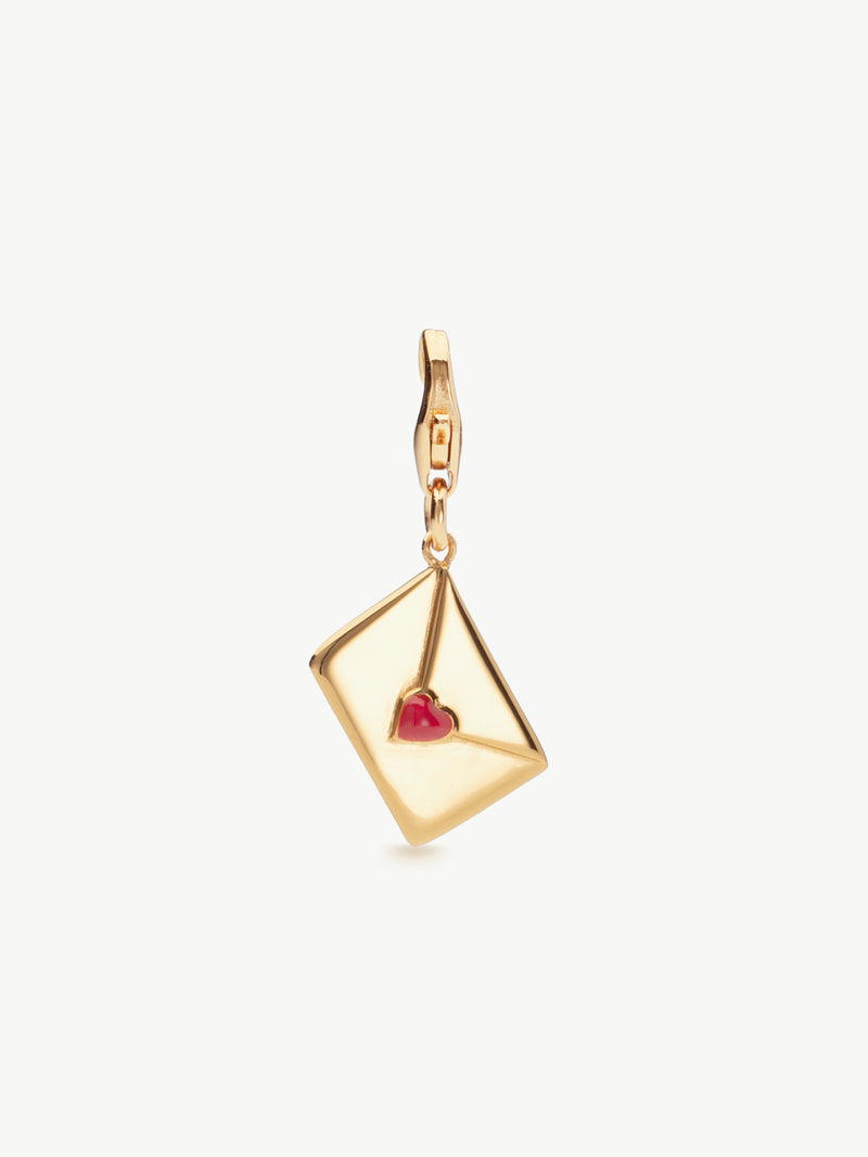 enamel letter charm with red heart in gold