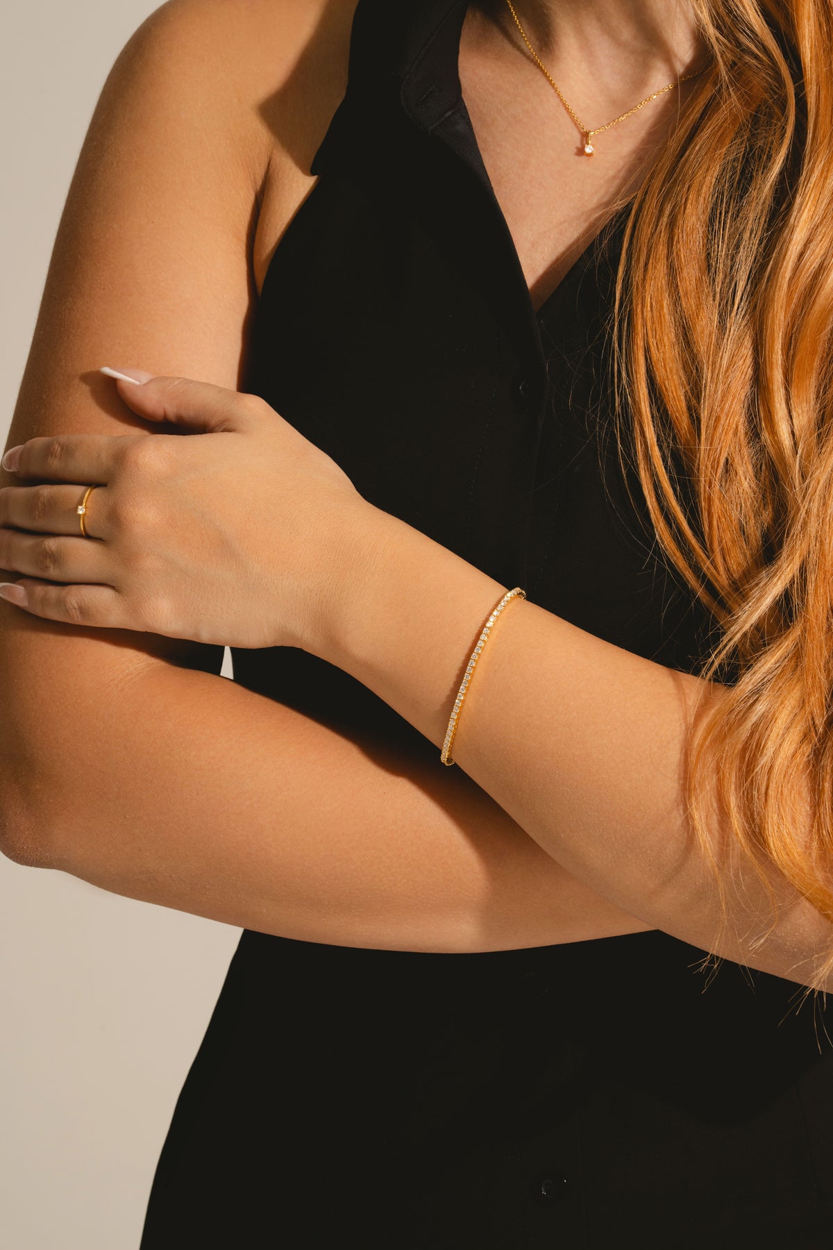 lab grown diamond tennis bracelet in gold vermeil on model