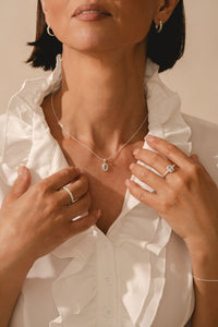 model wearing Daphne Aquamarine pendant sterling silver