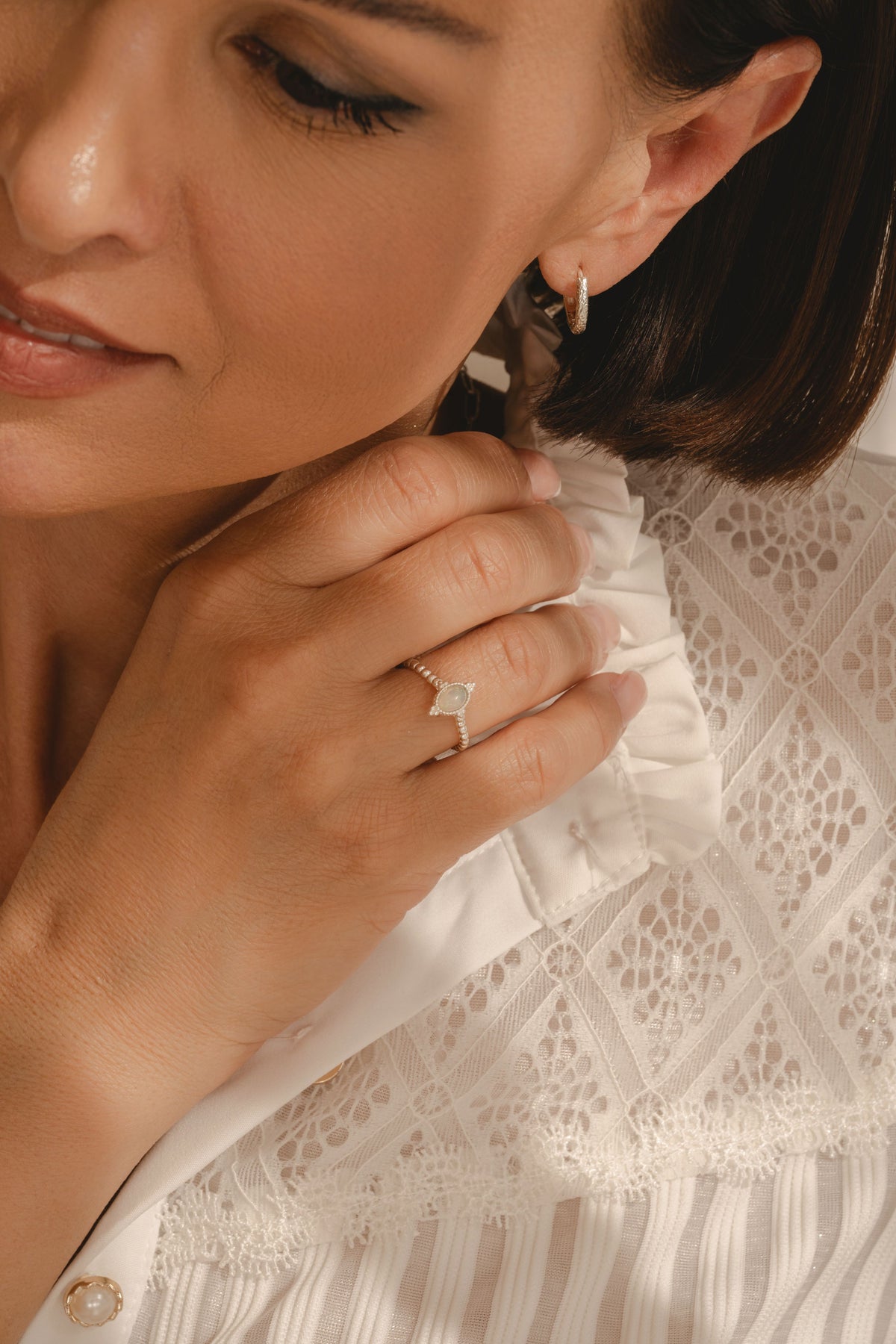 opal beaded ring in sterling silver on model