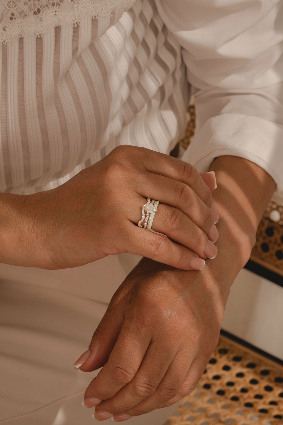 opal beaded ring in sterling silver worn in stack model shot